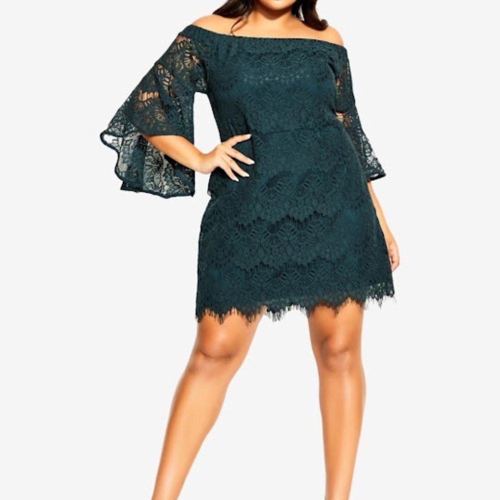 EUC City Chic Women Large Emerald Green Bella Lace Off the Shoulder Mini Dress